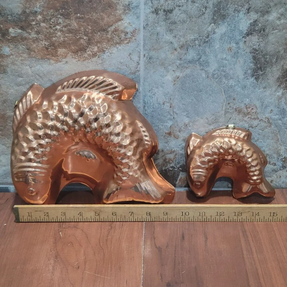 Vintage Tagus Portugal Copper Fish Mold Kitchen Decor Wall Hanging Set of 2